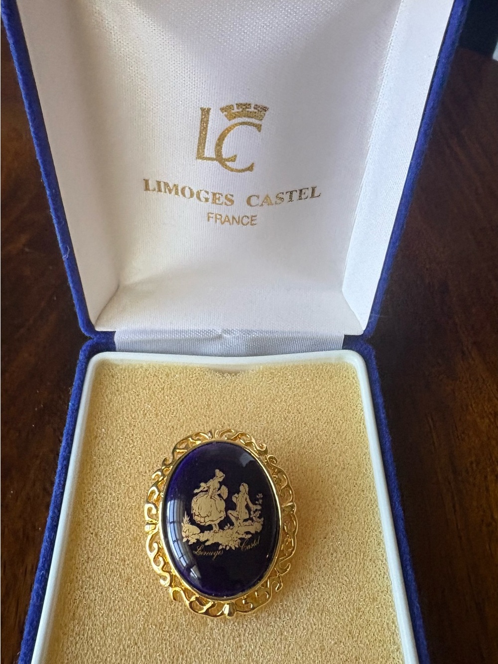 Royal Limoges Gold-Tone Framed Cobalt Blue Porcelain Brooch